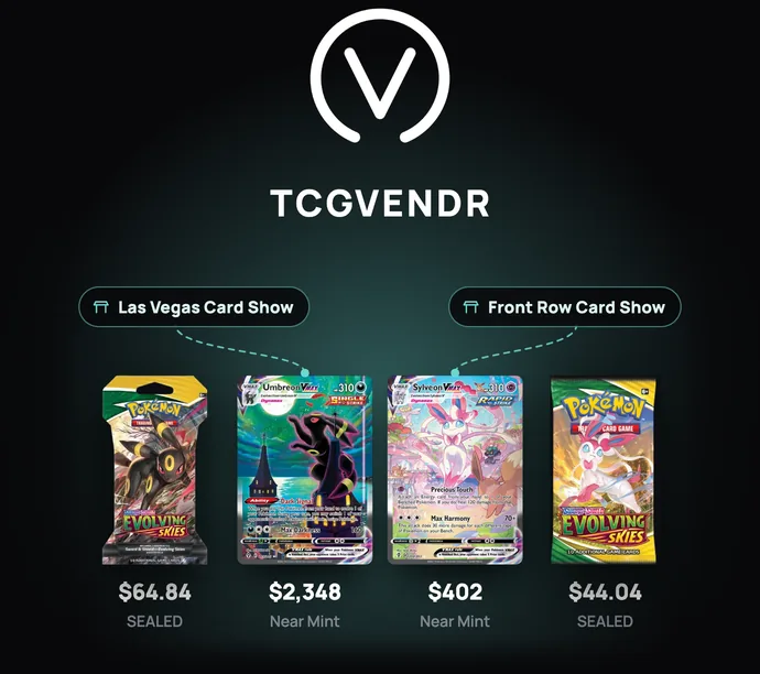 Four Pokémon products tagged to the shows carrying them: a sealed pack at $64.84, Umbreon VMAX at $2,348, Sylveon VMAX at $402 and another sealed pack at $44.04.