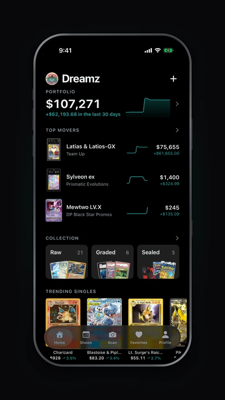 TCGVendr Home: a portfolio worth $107,271 with its 30-day graph, top movers led by two graded slabs, and the collection split into raw, graded and sealed.