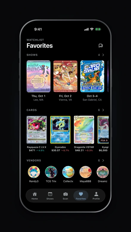 The Favorites tab: favorited shows with their flyers, favorited cards with prices, and followed vendors.