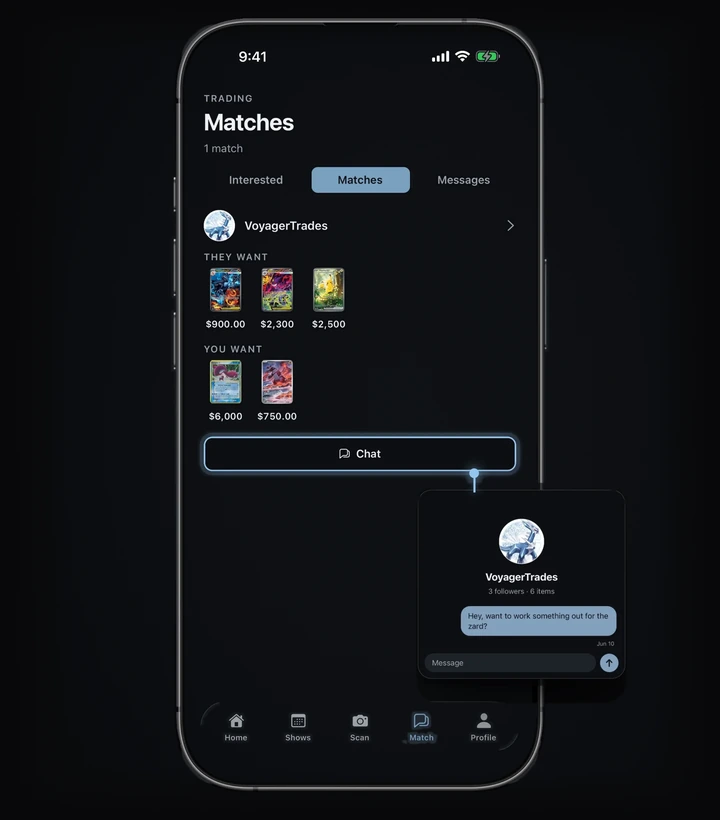 The Matches tab showing a match with another collector, the three cards each side wants, and the chat that opened between them.