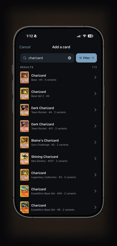 A catalog search for Charizard returning 113 printings, each with its variant count.