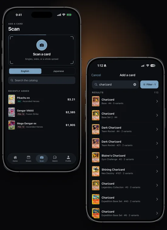 The Scan tab ready to read a single card, a stack or a whole spread, beside a catalog search for Charizard returning 113 printings with variant counts.