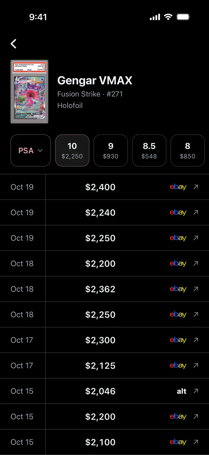 Gengar VMAX PSA 10: its recent sales, newest first.