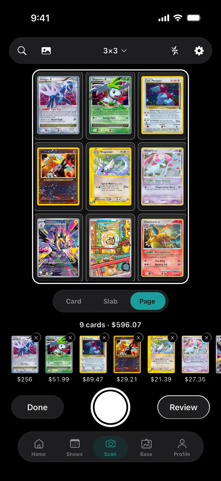 The Scan tab in Page mode: a 3 by 3 binder page, nine cards identified and priced, $596.07 in all.