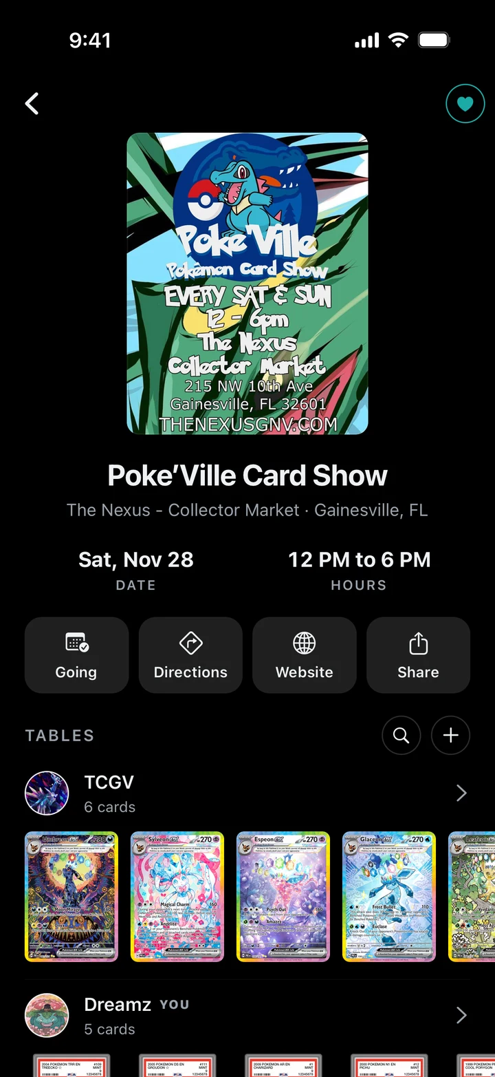 A show page: the Poke'Ville Card Show flyer, date, hours, Going and Directions, and the tables coming with their cards.