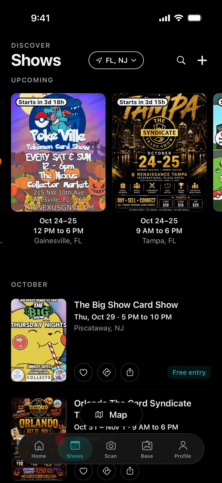 The Shows tab: upcoming card shows with their flyers, dates and hours.